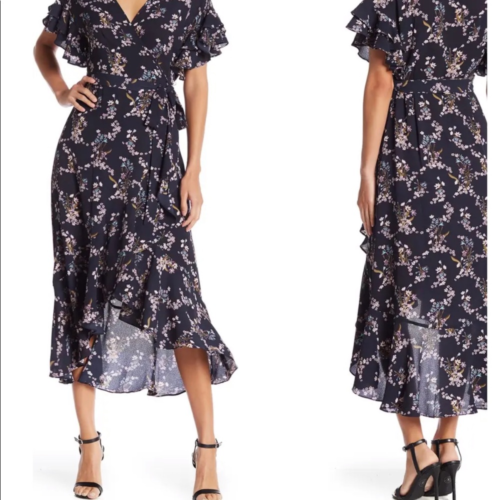 Max Studio floral high low ruffle wrap dress